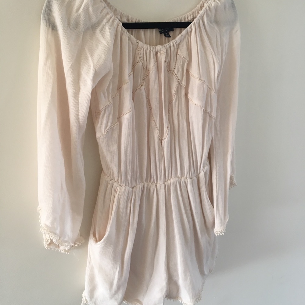 Cream/pink bachelorette off the shoulder romper!